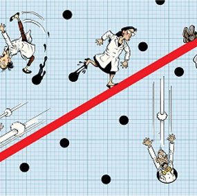 Cartoon researchers sliding down and falling off a statistical curve