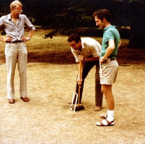 Michael Hassell, Robert May and Roy Anderson playing croquet at Imperial College.