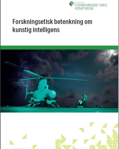 Omslag av forskningsetisk betenkning om kunstig intelligens med bilde av et førerløst helikopter