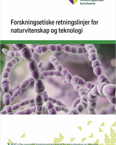 Omslaget til Forskningsetiske retningslinjer for naturvitenskap og teknologi med en illustrasjon av lille kjeder av bakterier brukt i CRISPR-teknologi