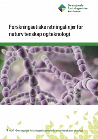 Omslaget til Forskningsetiske retningslinjer for naturvitenskap og teknologi med en illustrasjon av lille kjeder av bakterier brukt i CRISPR-teknologi